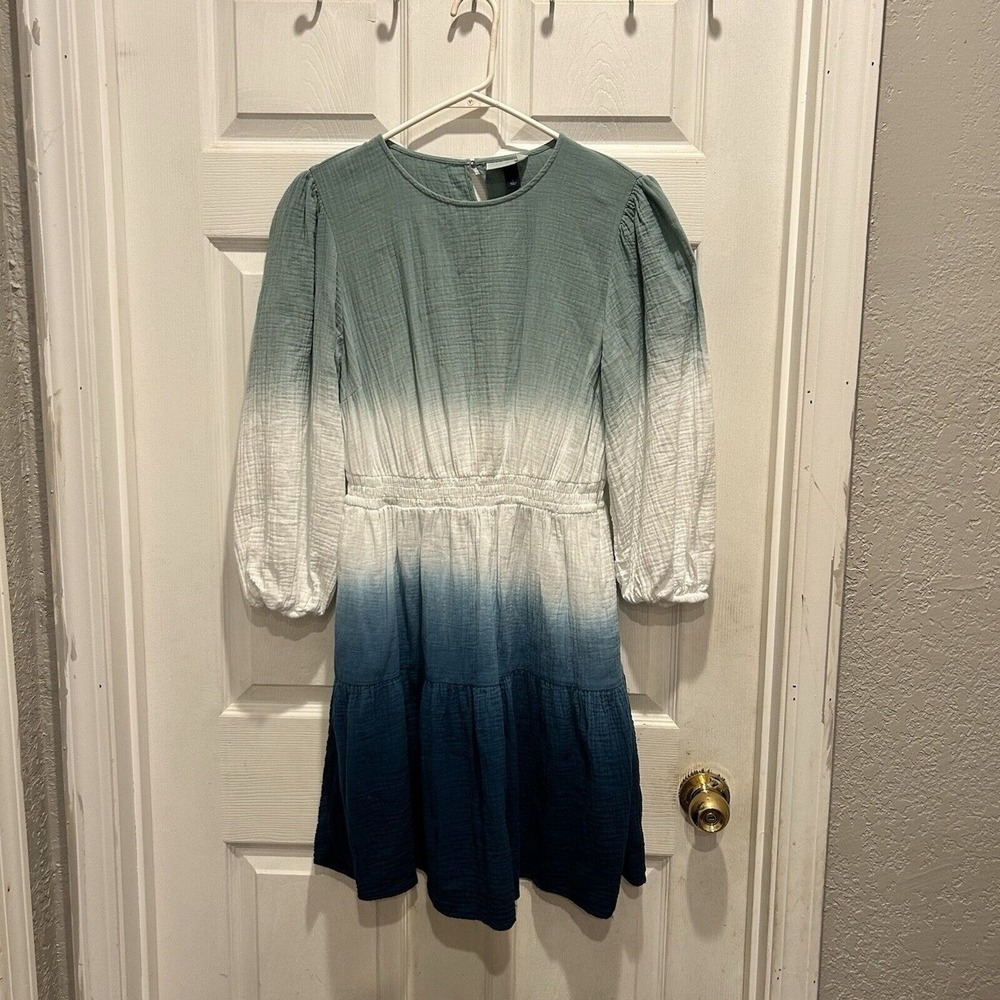 Universal Thread Blue Ombre Gauze Mini Dress Small Elastic Waist Balloon Sleeve